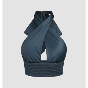 NWT Sz. L Blouse Blue Cider Satin Criss Cross Tie Sleeveless Top